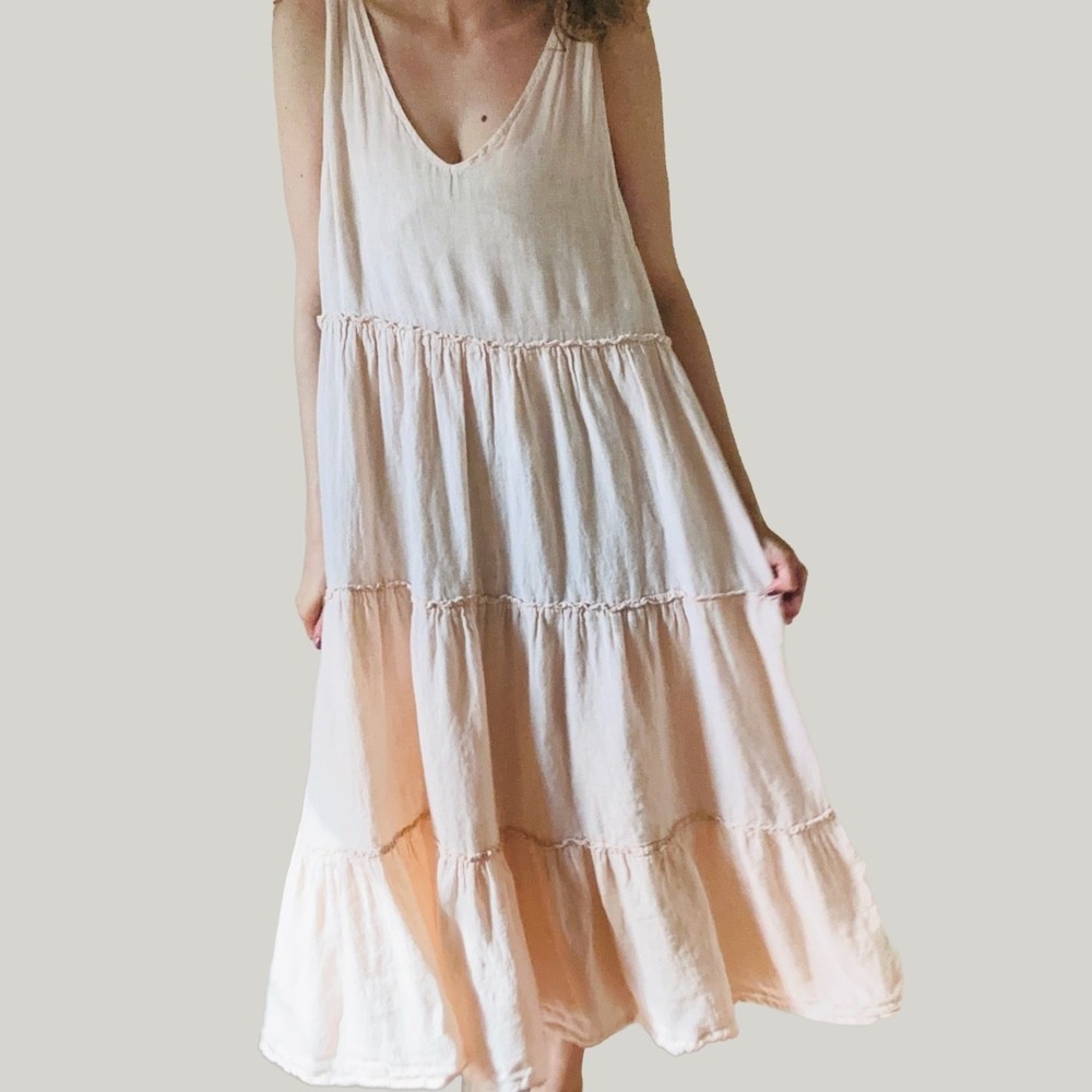Beachwood Pink 100% Linen Tiered Tie Shoulder Midi Dress Made in Italy One Size - Picture 2 of 9